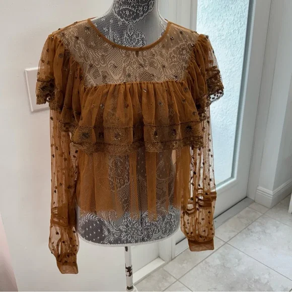 Free People Sheer Mustard Ruffle Blouse - Picture 1 of 9